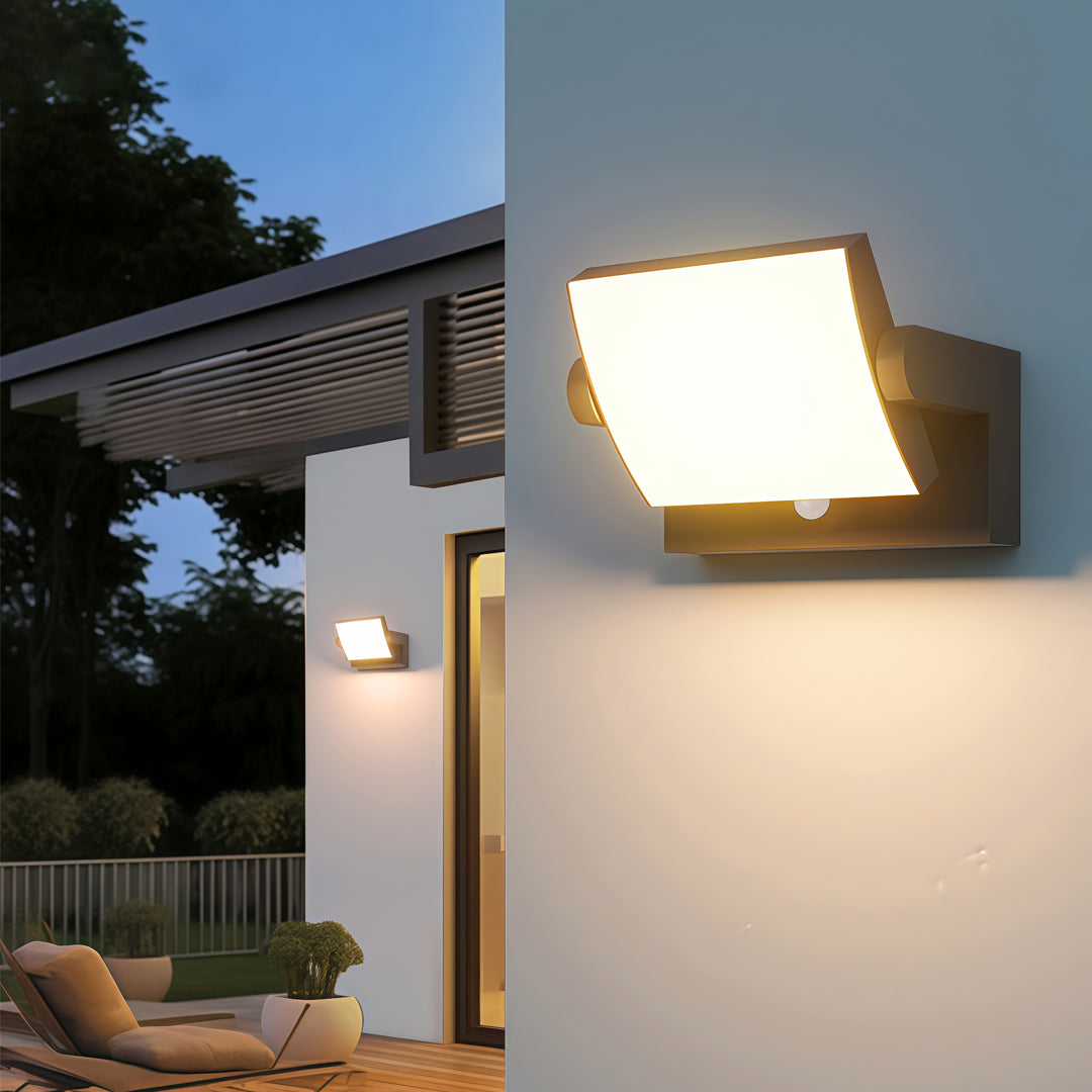 Minimalist Adjustable Outdoor Wall Sconce — Aluminum, 12.5W LED, 340° Rotation, IP54, Motion Sensor Option