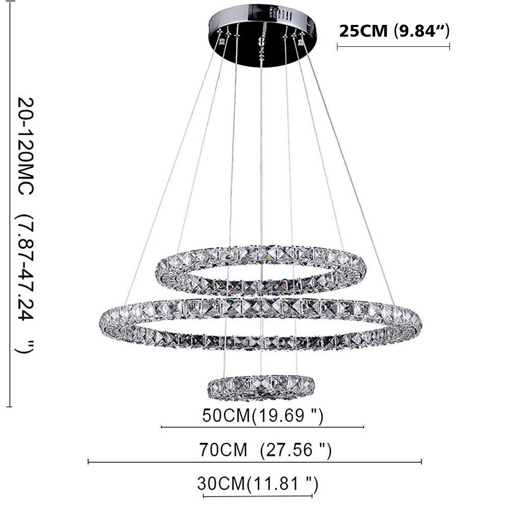 3-Tier Geometric Ring Crystal Chandelier — Chrome, LED, Dimmable, Remote Control, 11.8"+19.7"+27.6" Stacked Tiers