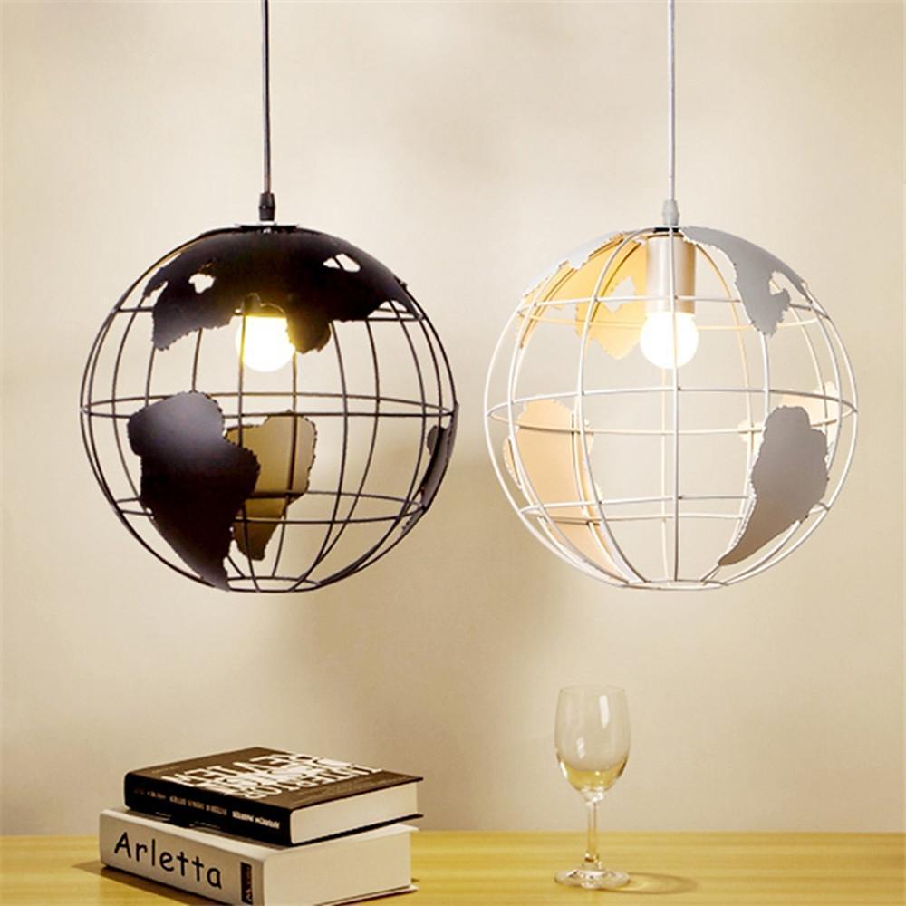 8" Globe World Map Pendant Light — Metal, Retro, 1-Light E26/E27, 60W, 39" Adjustable Cord