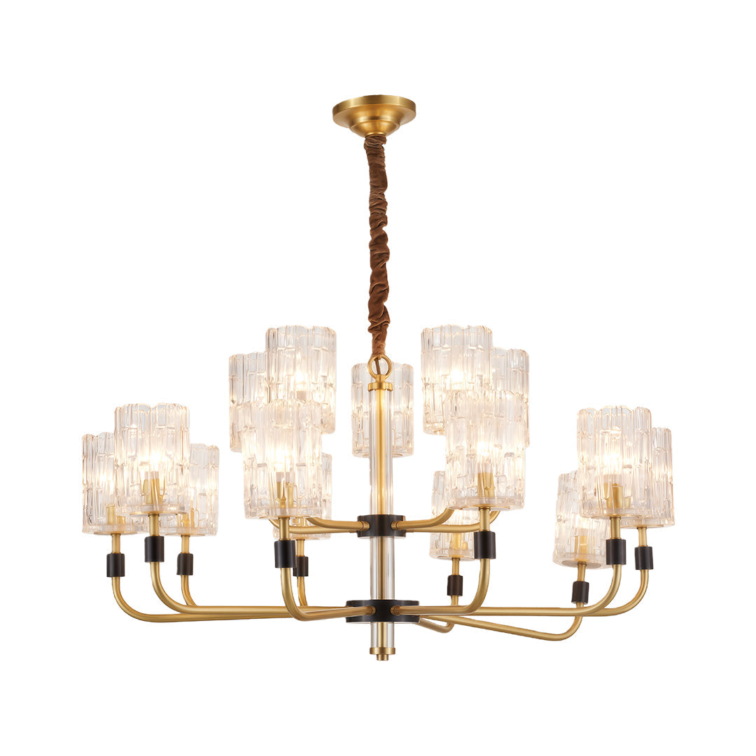 Minimalist Copper and Glass Cluster Chandelier — Full Brass Frame, Transparent Glass Shades, E14, 3 to 15-Light