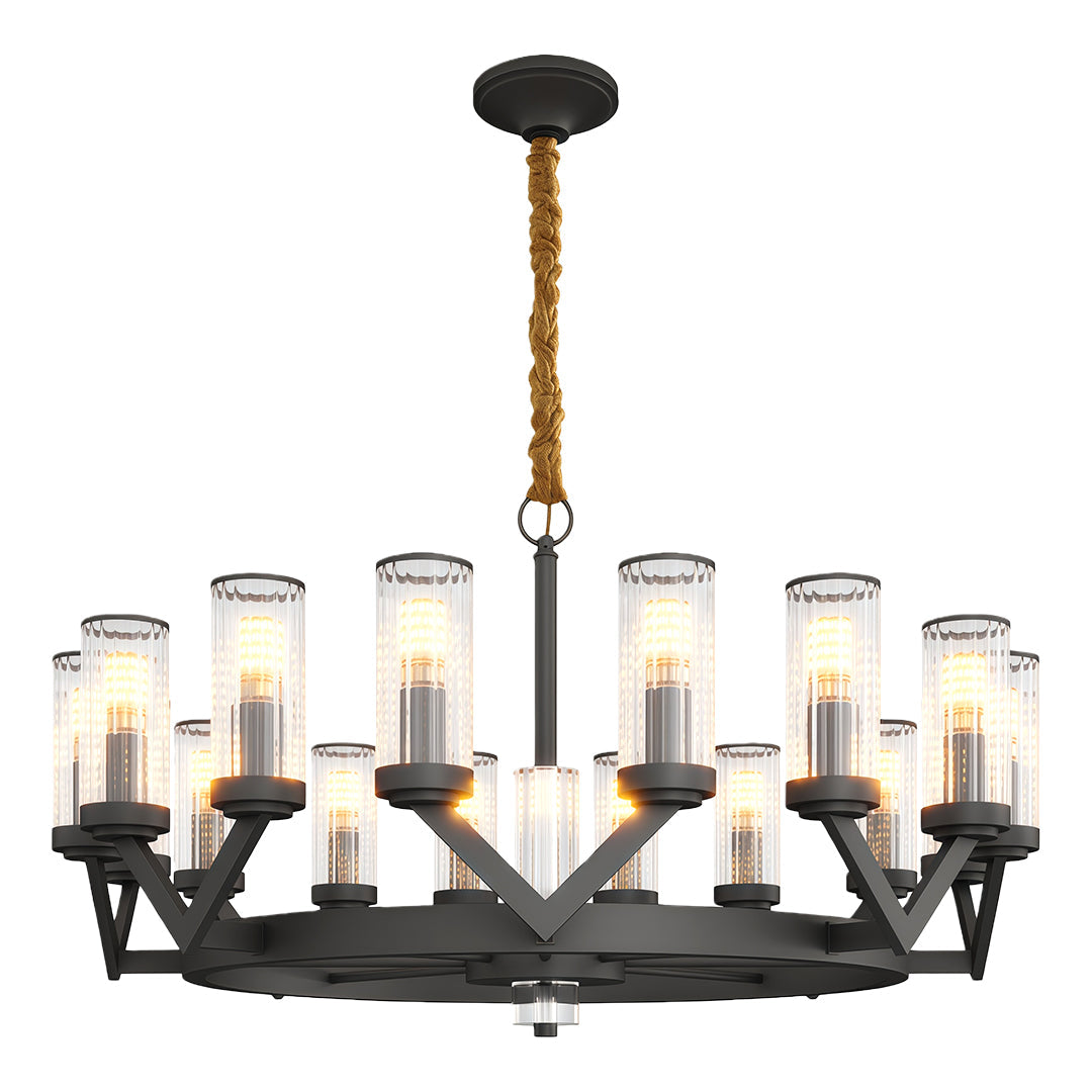 Glass Drop Chandelier — Full-Brass Frame, Transparent Glass, E14, Available in Copper, Nickel, or Black