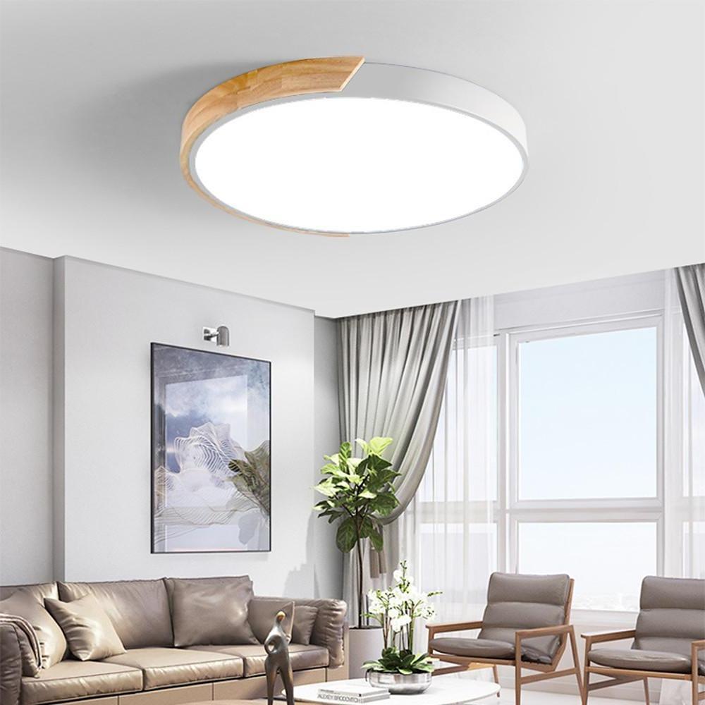Circular Wood Flush-Mount Ceiling Light — Metal & PVC, LED, 16", 24W, Three-Step Dimming, Remote Control