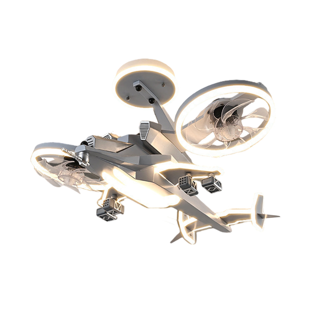 Fighter Jet Kids Ceiling Fan with Light — Metal, Acrylic Shade, Remote Stepless Dimming 3000K–6000K, 5-Speed, 360° Head