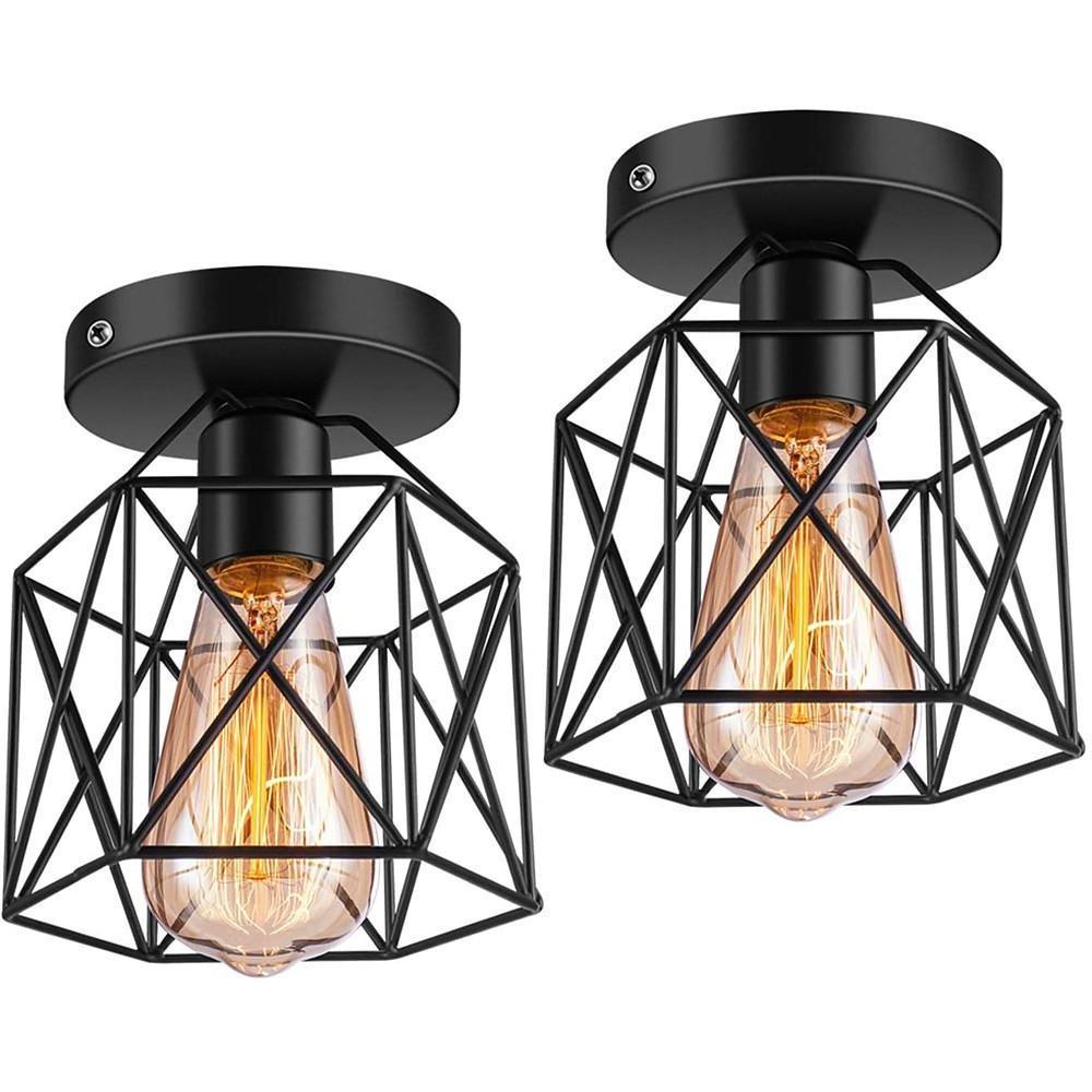 Traditional Wire Frame Lantern Semi-Flush Mount — Black Metal, E26/E27, Indoor