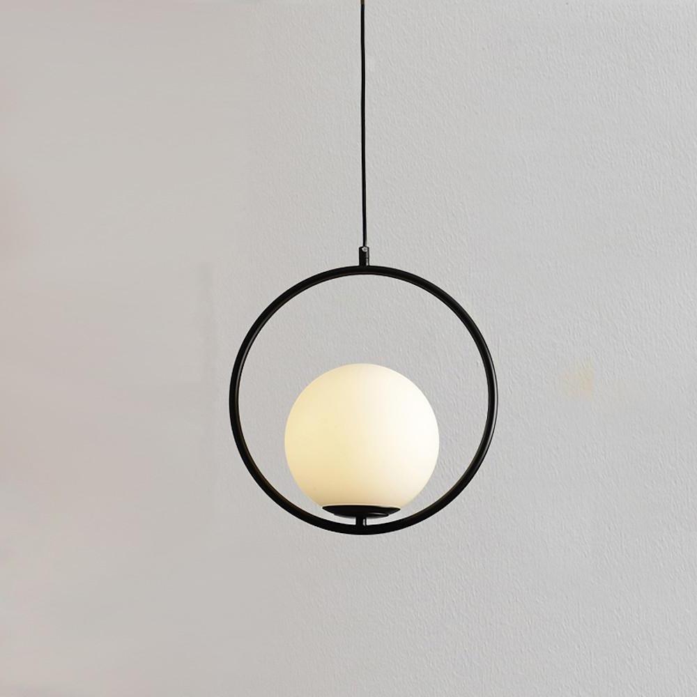 Opal Glass Ball Mini Pendant — Circular Metal Ring, LED, 13.8" Diameter, Adjustable to 59"