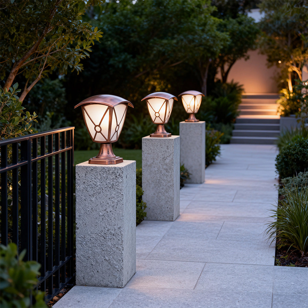 Classic Column Outdoor Pillar Light — Sand-Black Aluminum and Glass, 9W LED, IP44, E26, Hardwired