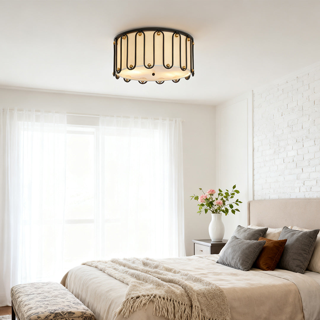 Vintage Round Drum Flush-Mount Ceiling Light — Black Metal, Acrylic Shade, E27, 20"
