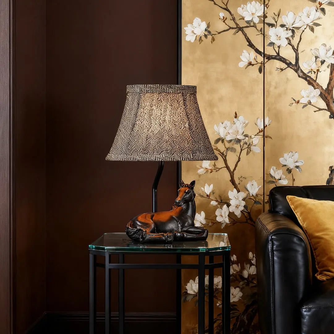 European Style Horse Table Lamp with Cloth Lampshade and Resin Base for Ambiance Lighting Luxe