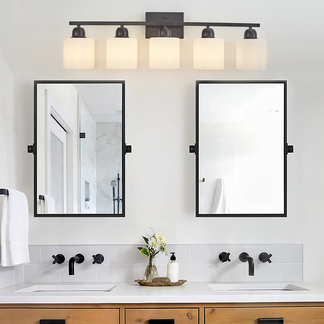 Minimalist Bathroom Vanity Light — Creamy White Glass, Metal Frame, E26, 4/5/6/8/10-Light, Matte Black / Sand Nickel / Copper
