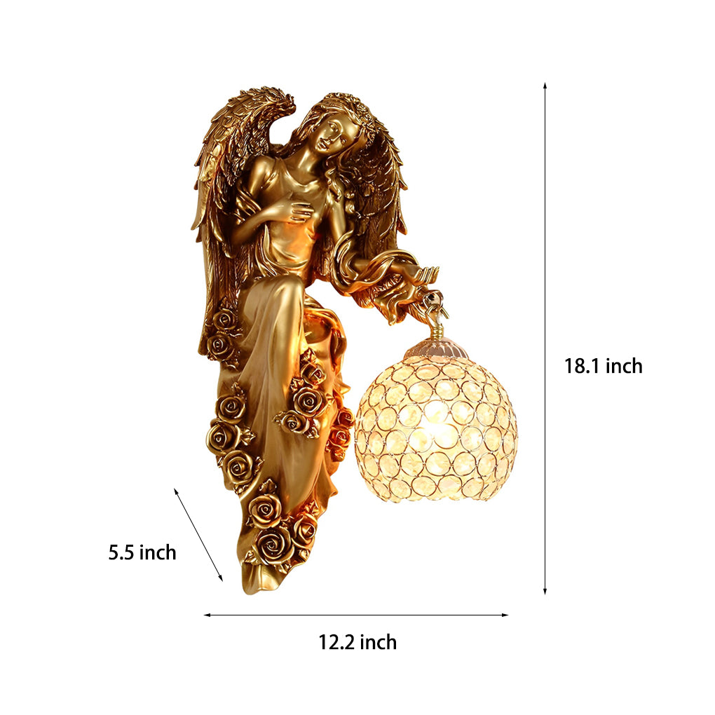 Angel Resin Wall Sconce — Crystal Glass Shade, Gold, E27, 12W, 3000K Warm White
