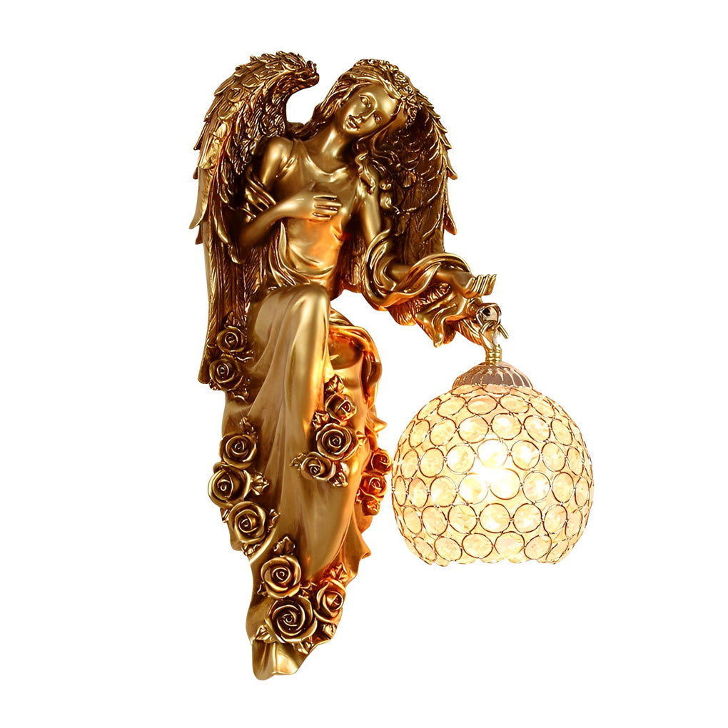 Angel Resin Wall Sconce — Crystal Glass Shade, Gold, E27, 12W, 3000K Warm White