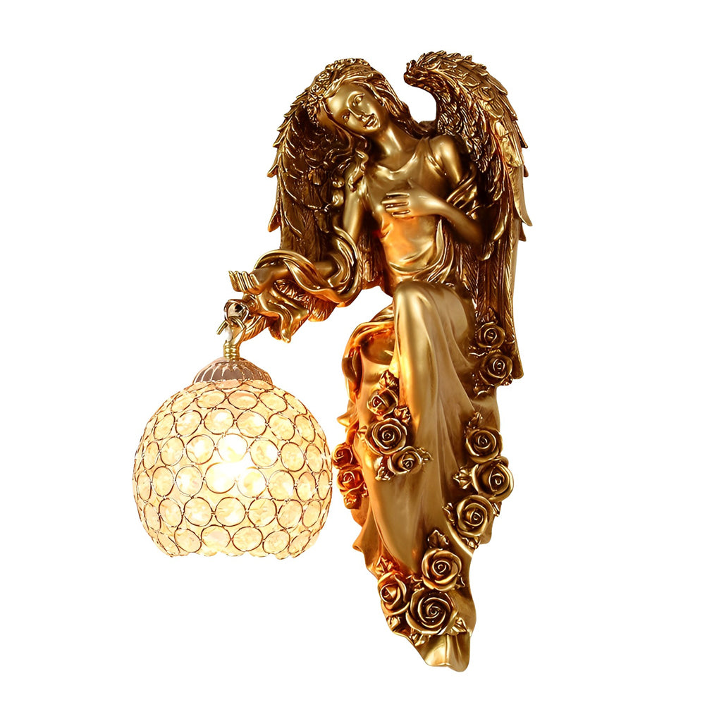 Angel Resin Wall Sconce — Crystal Glass Shade, Gold, E27, 12W, 3000K Warm White