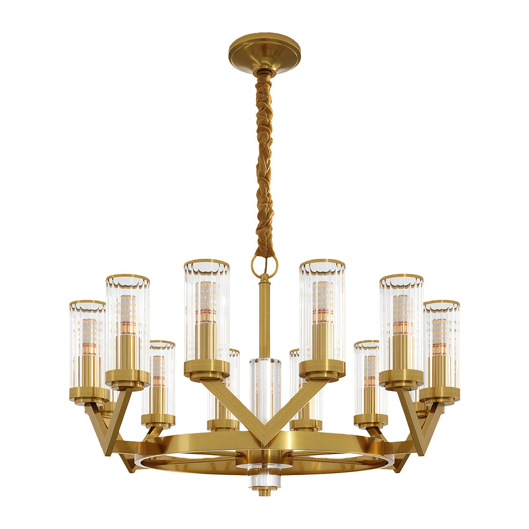 Glass Drop Chandelier — Full-Brass Frame, Transparent Glass, E14, Available in Copper, Nickel, or Black