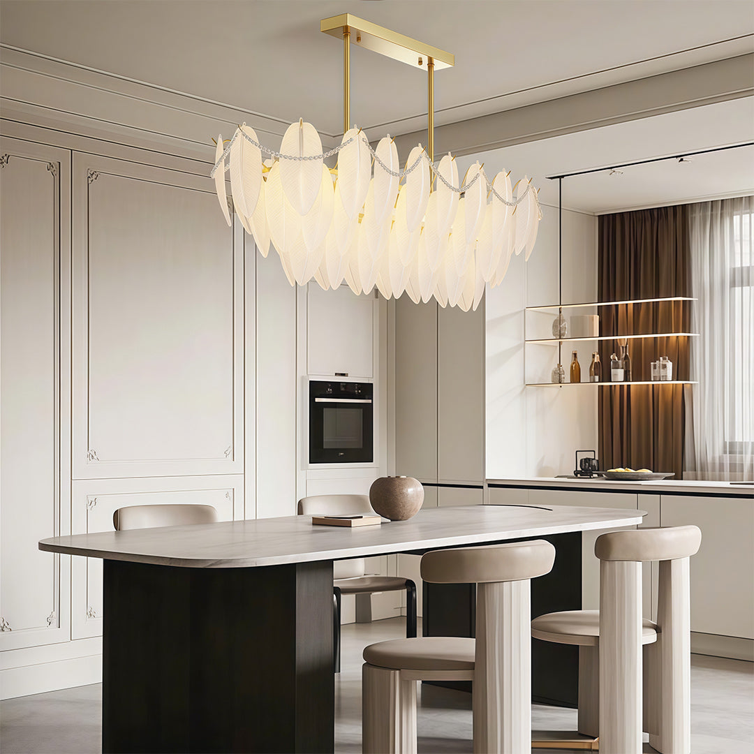 Feather & Pearl Chandelier — Full-Copper Frame, Feather-Textured Glass, E14, 47.2" Adjustable Chain