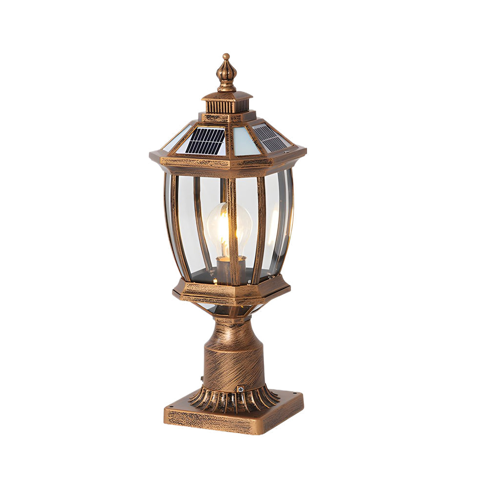 Octagonal Pagoda Pillar Light — Aluminum & Glass, Solar / Hardwired, 3-Step Dimming, Black or Bronze
