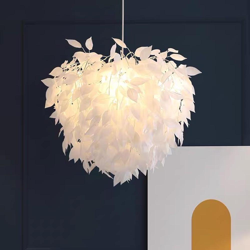Feather Fabric Pendant Light — Iron Frame, 24" Dia., 4-Light, Dimmable 3000–5400K, White & Gold
