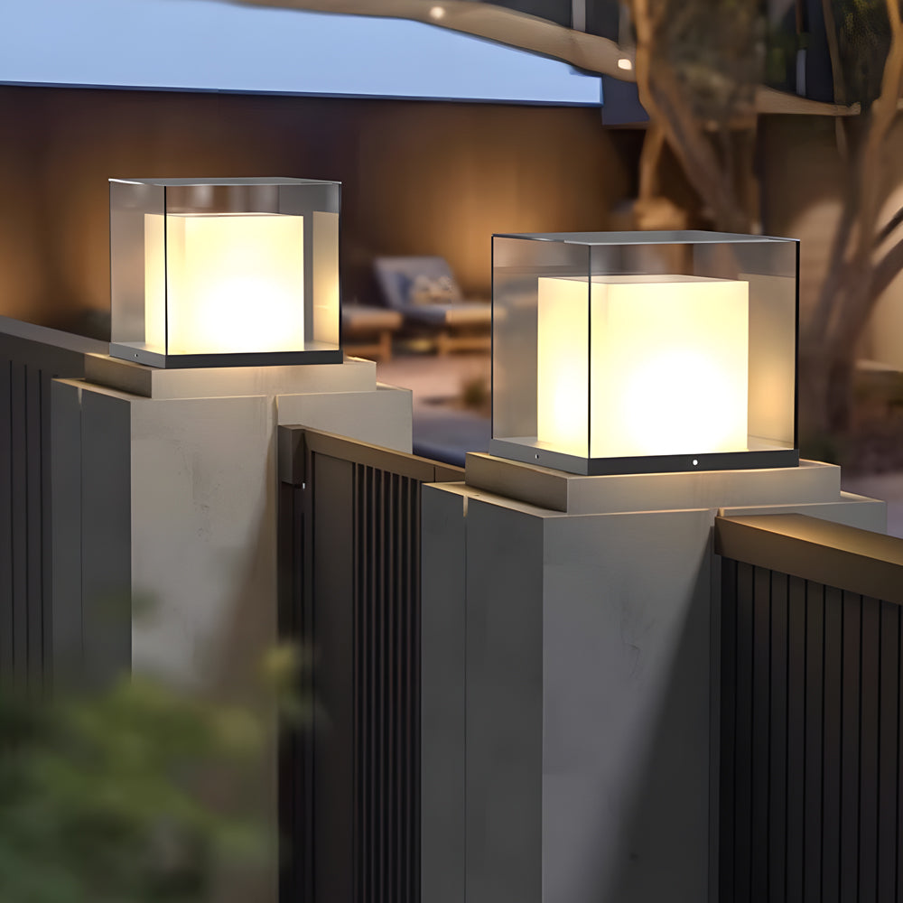 Minimalist Square Gate Pillar Light — Stainless Steel & Glass, Solar or Hardwired, 3000K LED, IP65, 360° Illumination