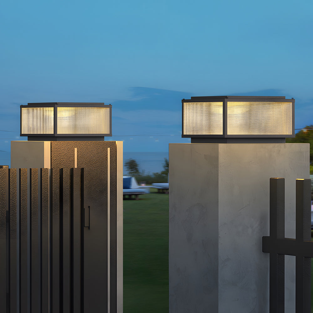 Square Modern Outdoor Pillar Light — Die-Cast Aluminum & Tempered Glass, Solar or Hardwired, LED 3000K, IP65 Weatherproof