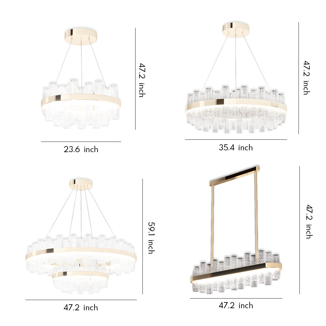 Crackled Glass Modern Chandelier — Champagne Gold, Three-Color Dimming, LED, 47.2" Cable