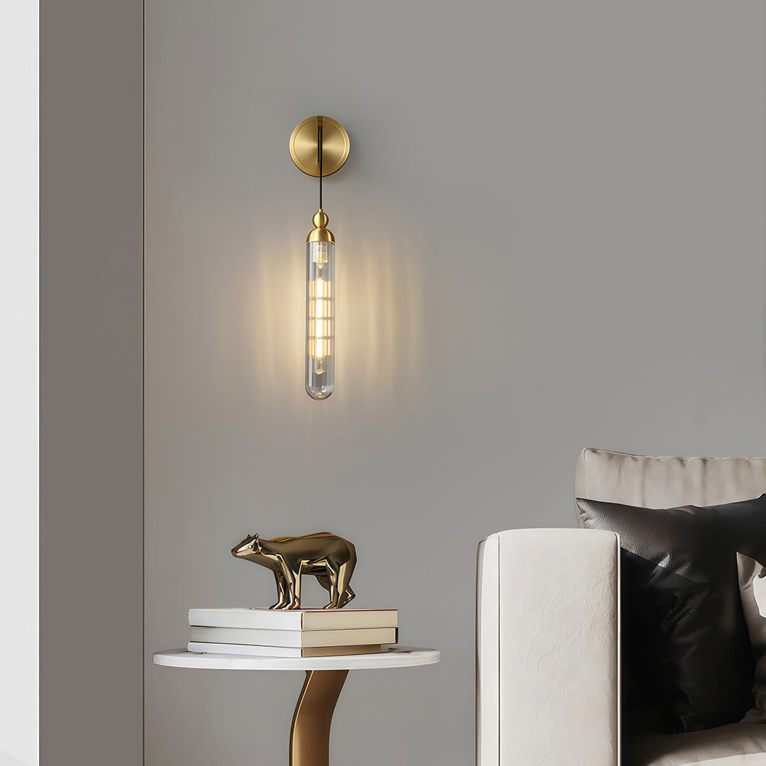 Minimalist Brass Wall Sconce — Full Brass Frame, Transparent Glass Shade, E14, Hardwired