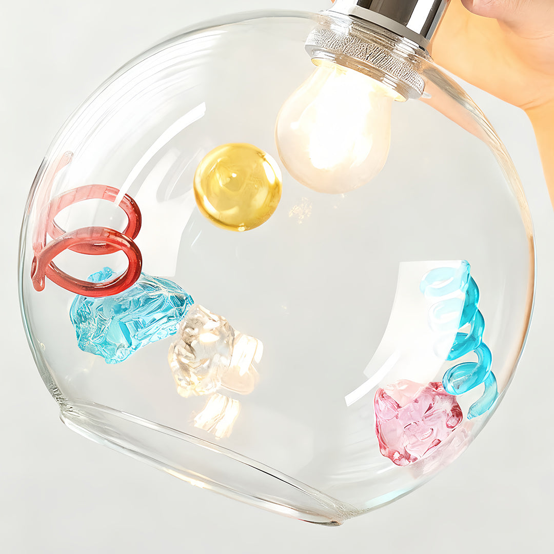 Memphis-Inspired Geometric Pendant Light — Iridescent Glass, White Frame, E27, Adjustable Cord