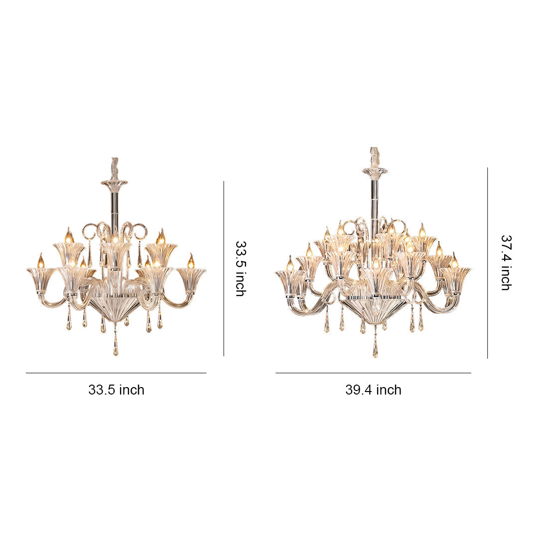 French Art Glass Chandelier — Clear Glass & Metal, 3-Step Dimming, E14, 12-Light or 18-Light