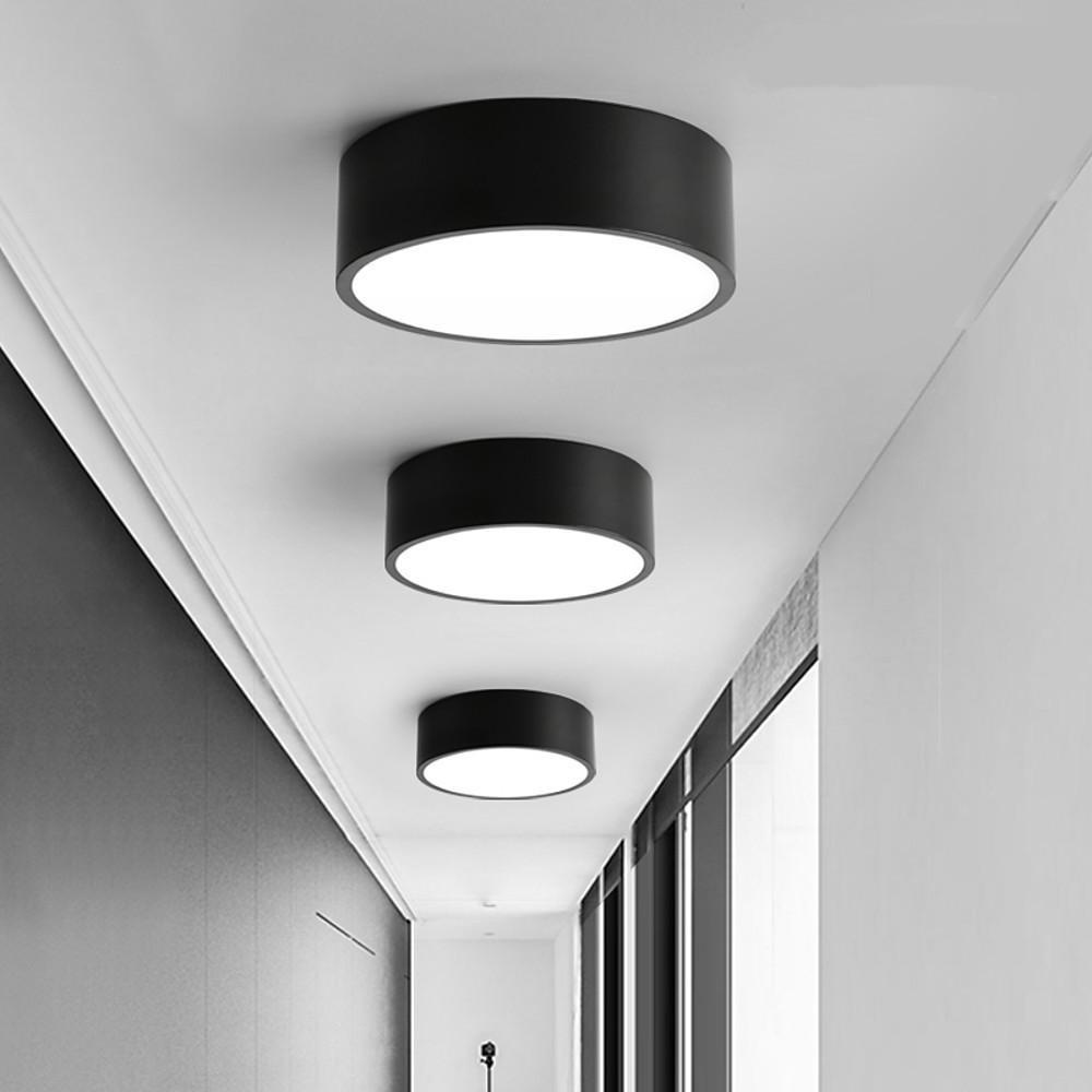 Cylindrical LED Flush-Mount Ceiling Light — Black Metal, 9" Diameter, Three-Step Dimming (3000K/4500K/6000K)