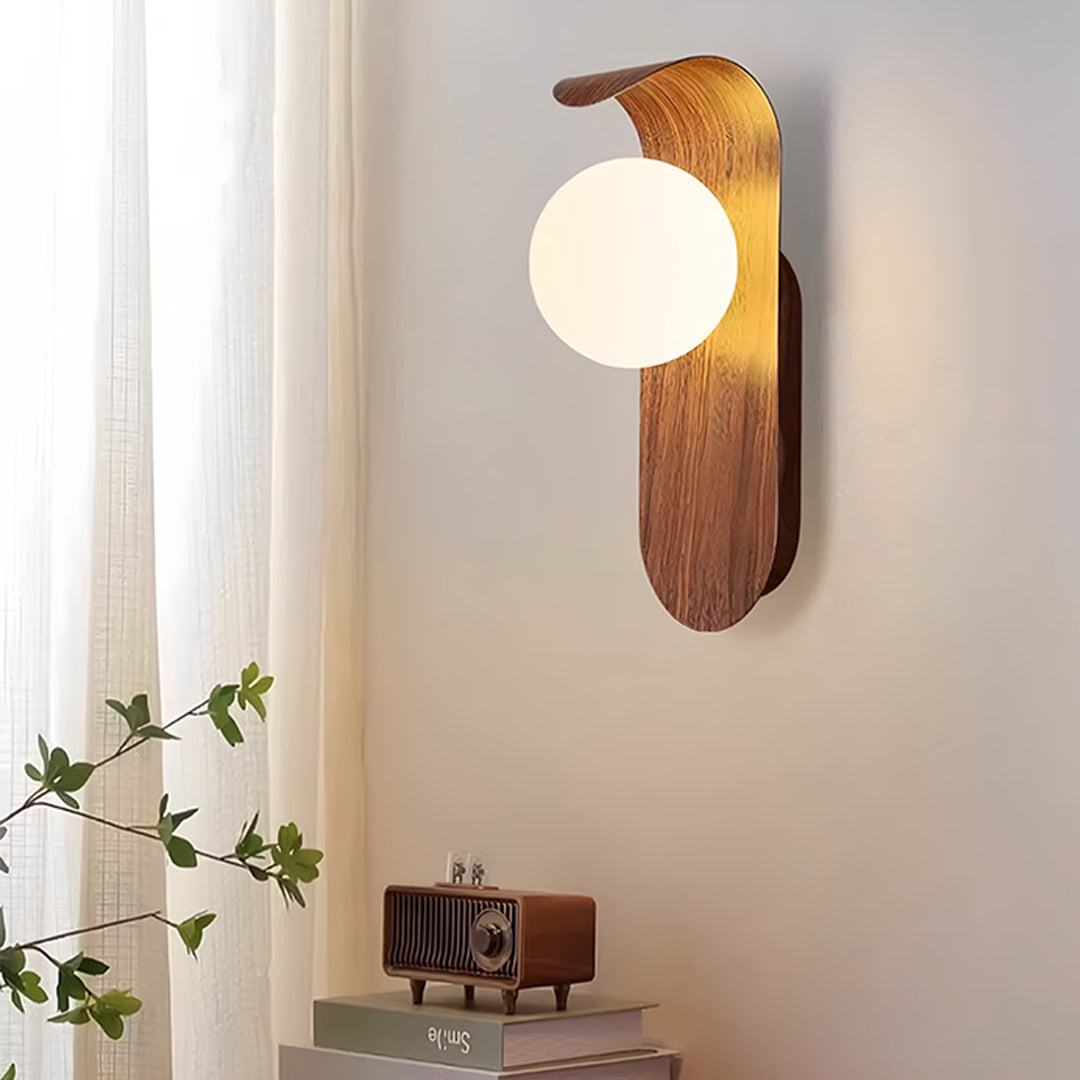 Mid-Century Minimalist Wood Grain Wall Sconce — Iron, Spherical Shade, G9, 5W, Three-Color Dimming