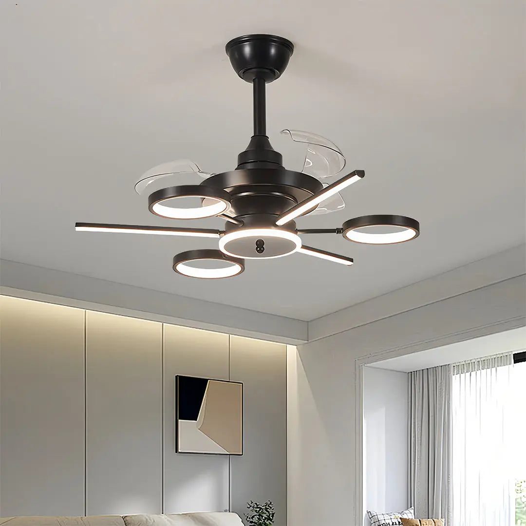 French Vintage Black Iron Ceiling Fan with Three Blades and Multiple Lights Luxe