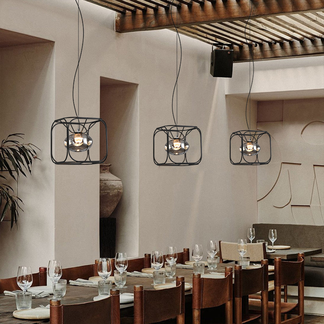 Magic Cube Caged Geometric Pendant — Black Iron, Smoked Glass, LED, 7W–28W, 1- to 4-Light