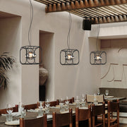 Magic Cube Caged Geometric Pendant — Black Iron, Smoked Glass, LED, 7W–28W, 1- to 4-Light