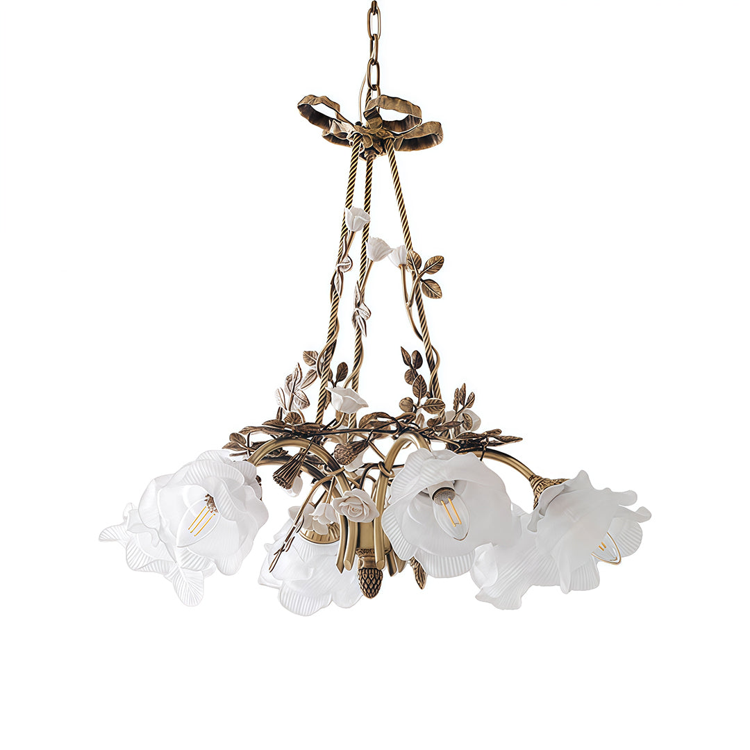 Flower Chandelier — White Glass Petals, Brass Frame, 3-Light or 6-Light, 2700K–3999K
