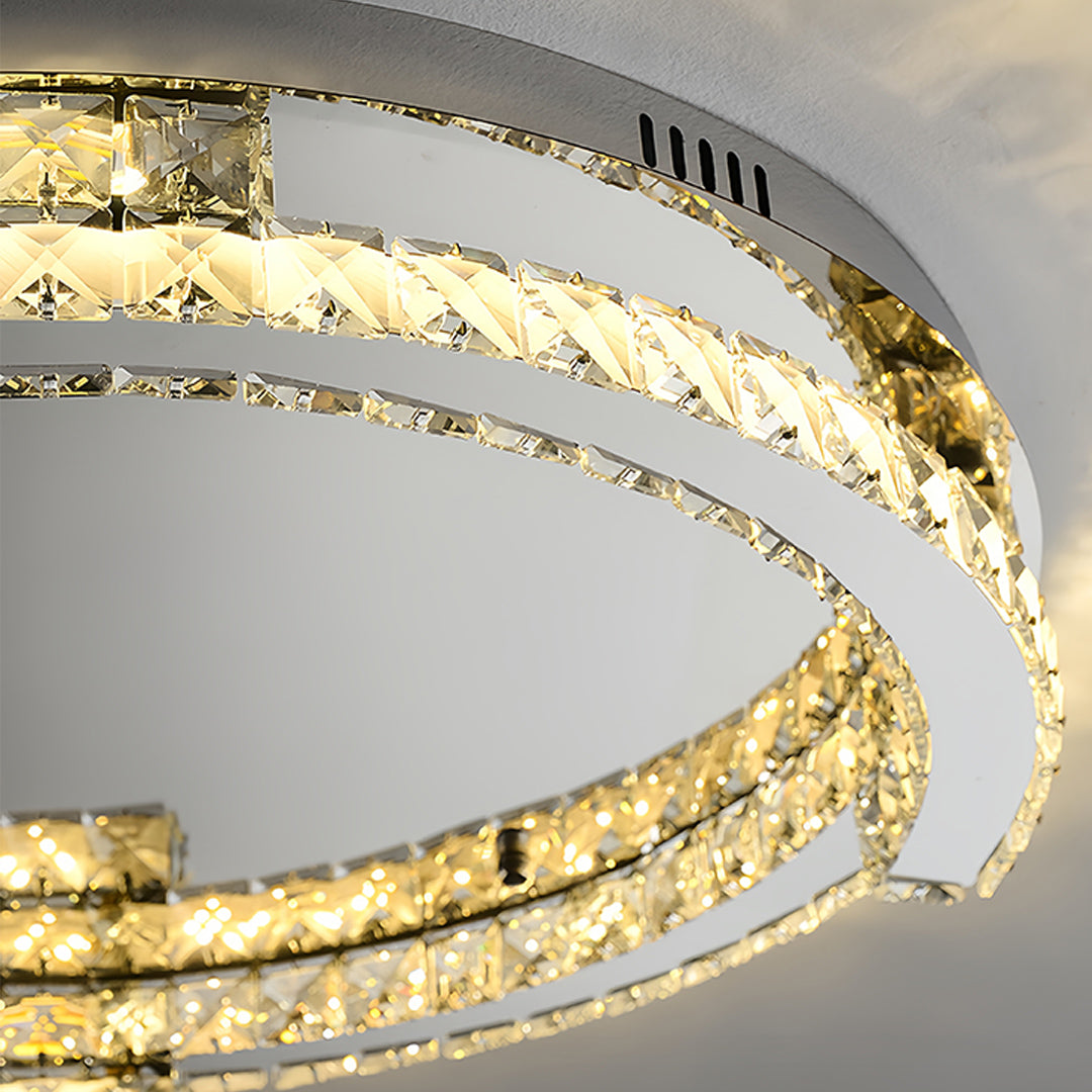 Round Crystal LED Flush Mount — Stainless Steel, Silver, 50W / 60W, Three-Color Dimming, CRI 95