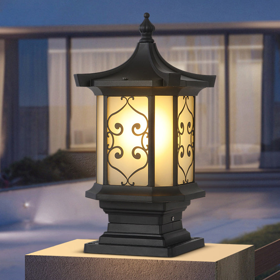 Retro Lantern Outdoor Gate Pillar Light — Die-Cast Aluminum, Frosted Glass, Solar or Hardwired, Black or Bronze