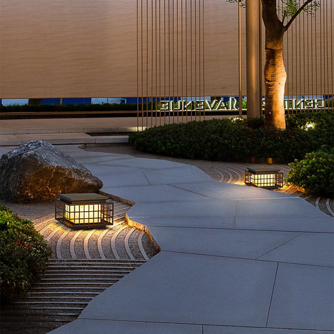 Modern Square Solar Pillar Light — Stainless Steel, Faux Alabaster, LED, 3-Color Dimming, Remote, IP65