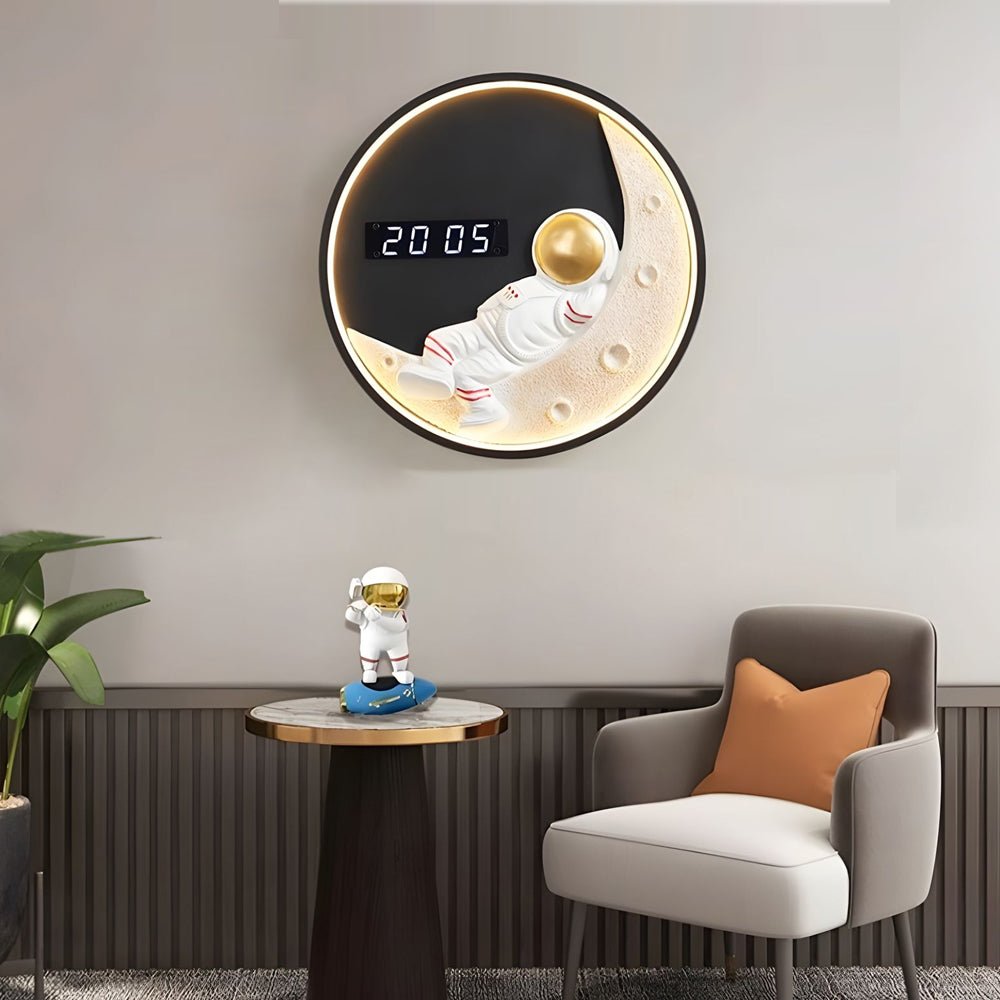 astronaut decor moon led wall light with digital clock 3 color wall lamp