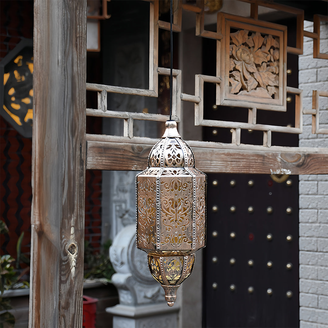 Moroccan Hollow Solar Outdoor Lantern — Wrought Iron, 0.5W Warm LED, 600mAh, IP44, Round or Rectangular