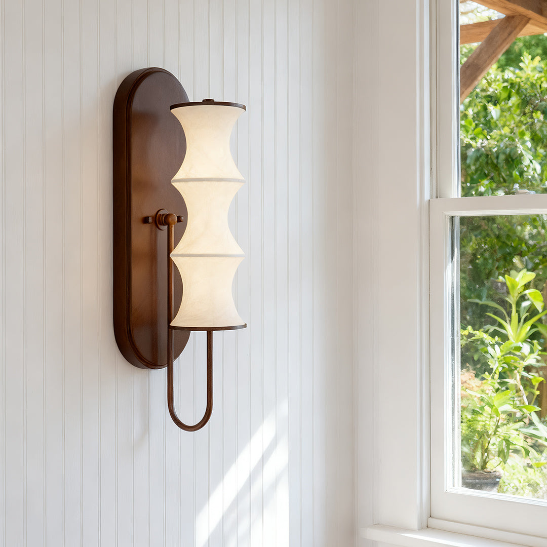 Bamboo Node Wall Sconce — Walnut-Finish Metal, Silk Shade, 8W LED 3000K, 19.7"