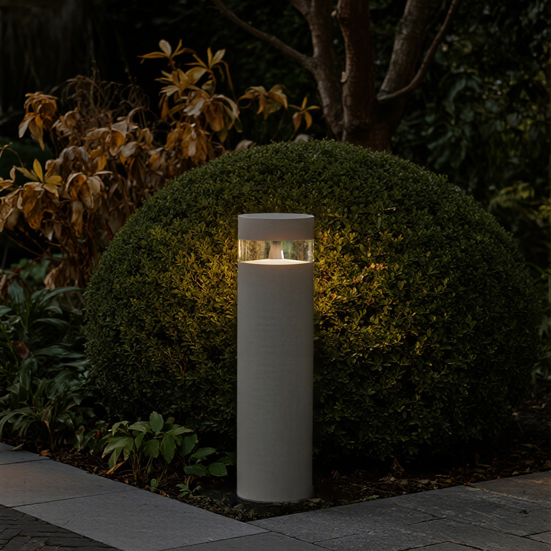 Minimalist Cylindrical Outdoor Bollard Path Light — Sand-Gray Aluminum, LED 12W, 3000K, IP65 Weatherproof