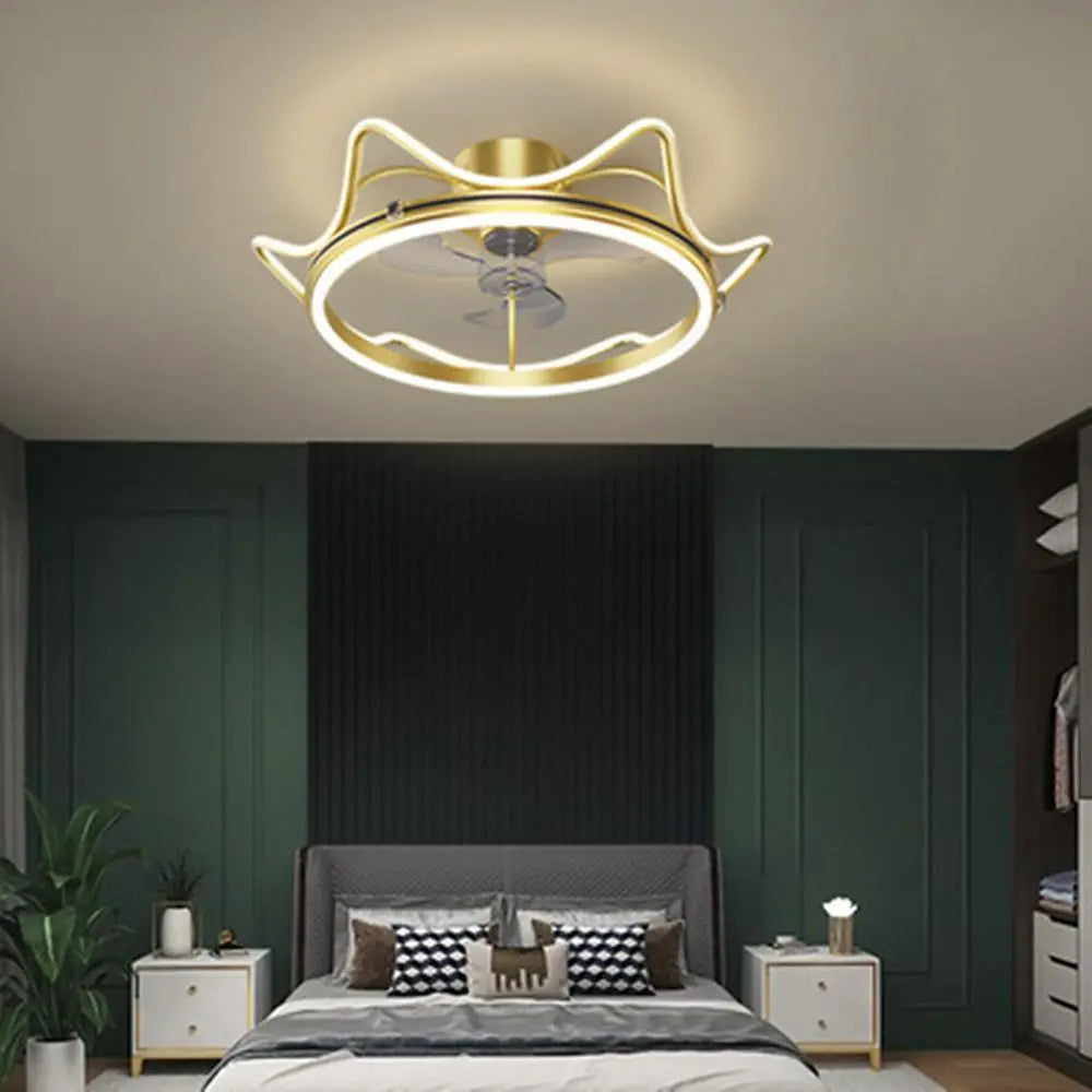 Crown-Shaped Bladeless Ceiling Fan with LED Lights for Bedroom - Gold Finish Luxe