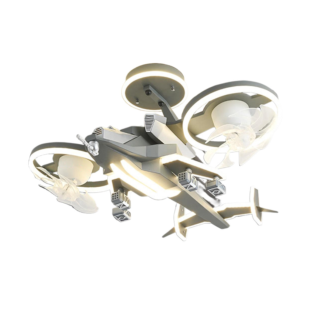 Fighter Jet Kids Ceiling Fan with Light — Metal, Acrylic Shade, Remote Stepless Dimming 3000K–6000K, 5-Speed, 360° Head