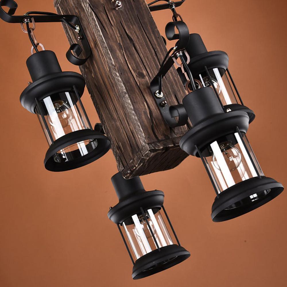 Lodge-Style Farmhouse Chandelier — Wood and Bamboo, 4-Light Lantern, 18" Diameter, Adjustable 20" Chain