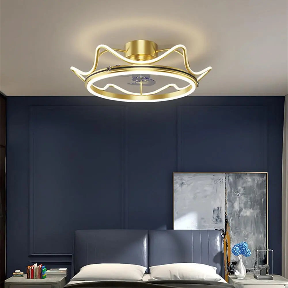 Crown-Shaped Bladeless Ceiling Fan with LED Lights for Bedroom - Gold Finish Luxe