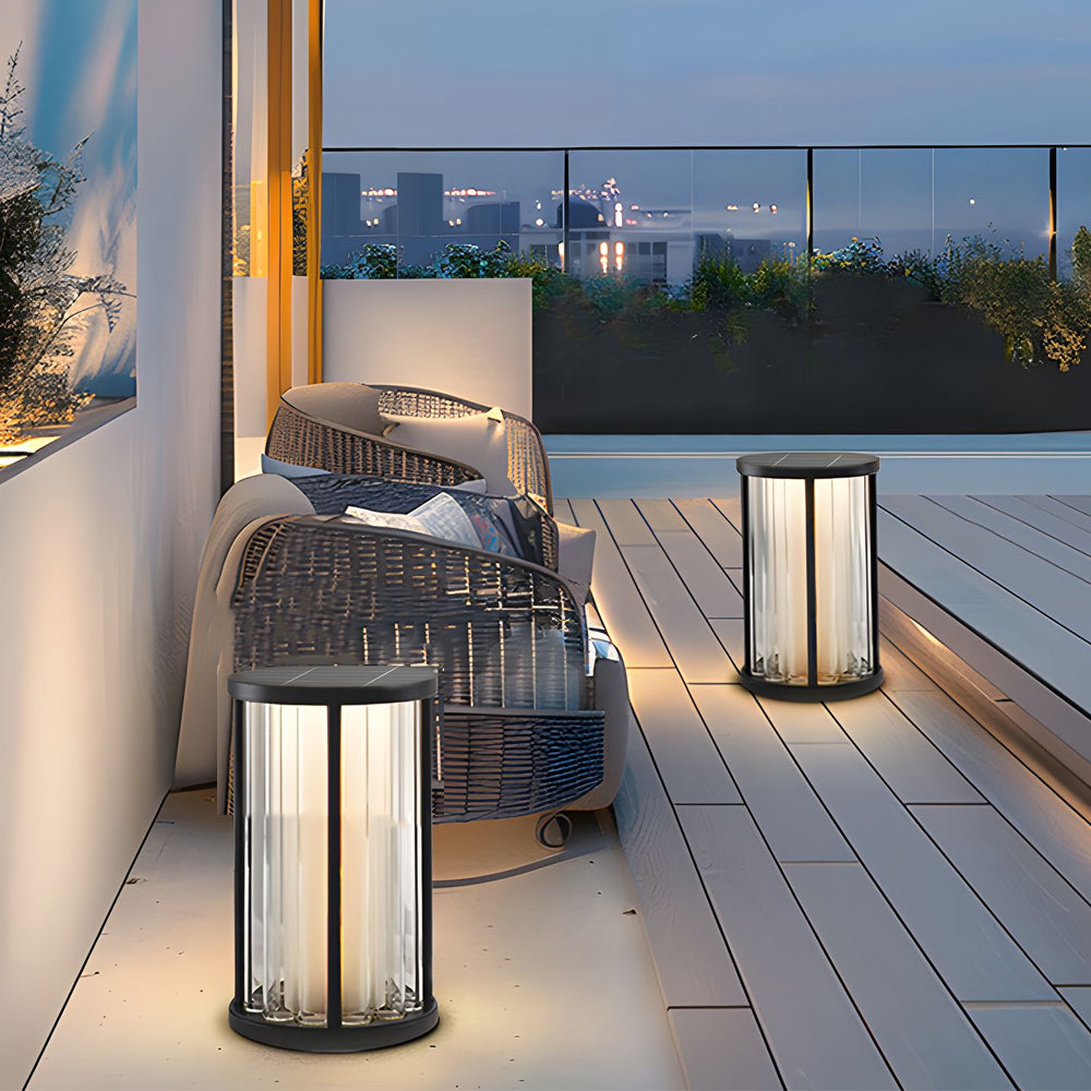 Cylinder Outdoor Lantern — Stainless Steel & Acrylic Crystal, 4W LED, 3000K, IP65, Solar / Hardwired, Pendant or Lawn Stake