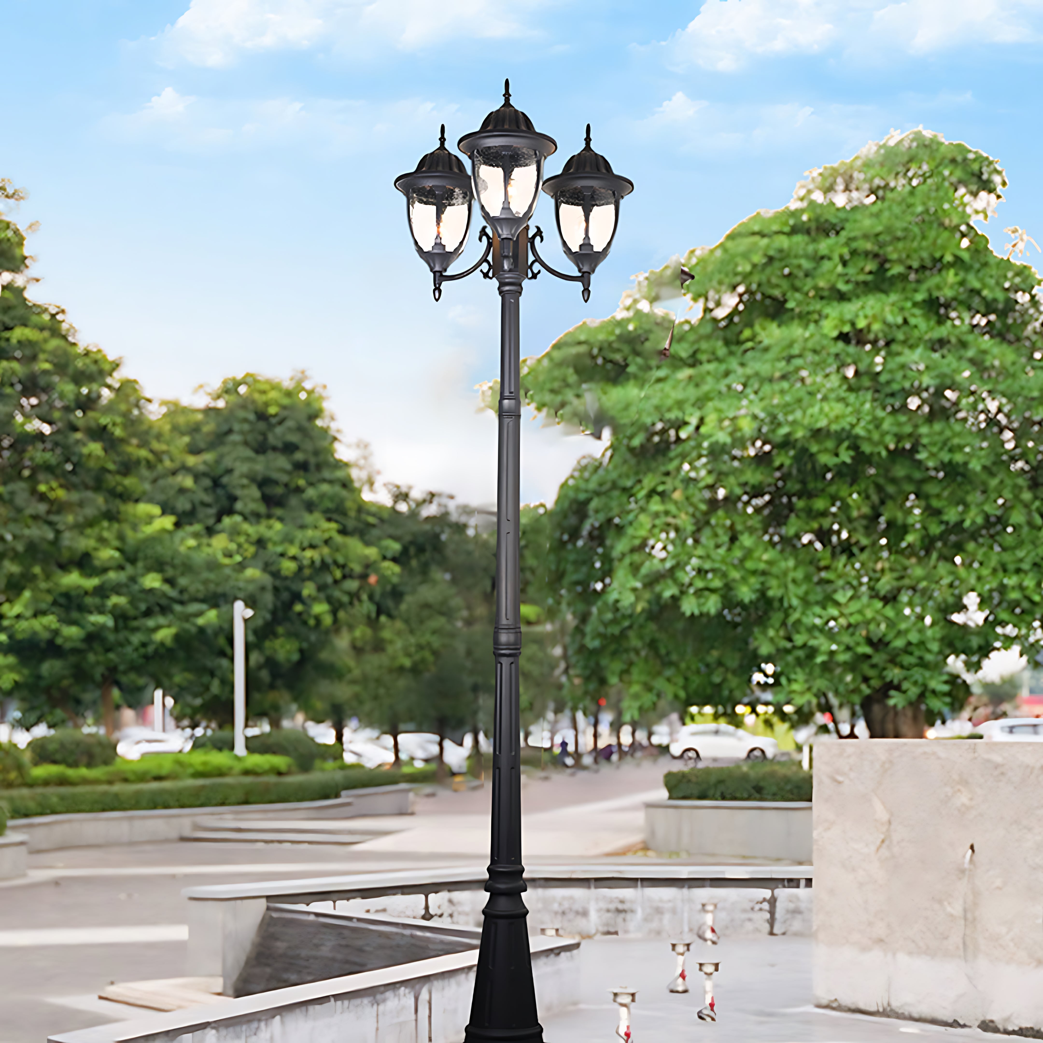 Three-Head Outdoor Post Light — Black Aluminum, 7W LED, IP54, 90.55" Height, E27, 3000K
