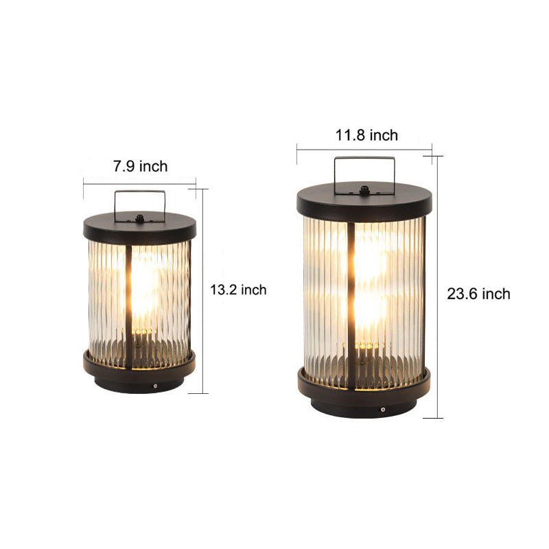 Striped Glass Cylinder Portable Outdoor Lantern — Stainless Steel Handle, LED, Solar / Hardwired, IP54, Warm White 3200K