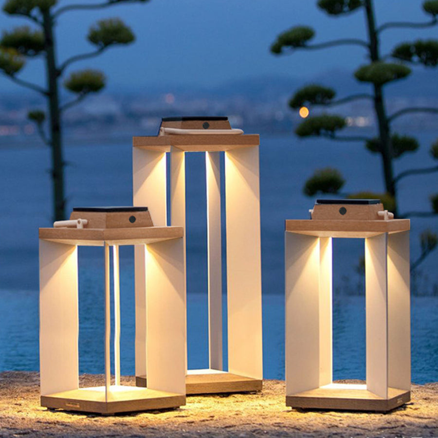 Modern Wood-Grain Outdoor Lantern — Stainless Steel, Solar / USB, 12W LED, 3000K, IP65, Dusk-to-Dawn, 16.9" or 25.6"