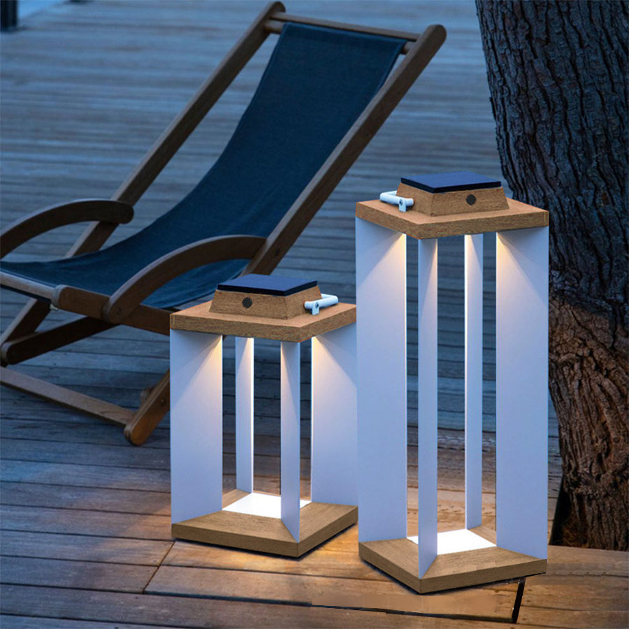 Modern Wood-Grain Outdoor Lantern — Stainless Steel, Solar / USB, 12W LED, 3000K, IP65, Dusk-to-Dawn, 16.9" or 25.6"