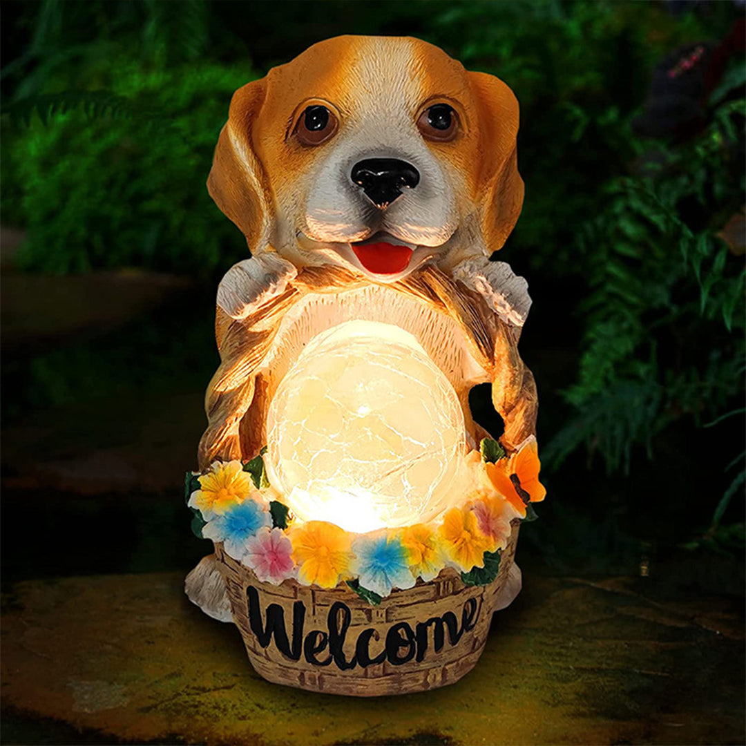 Puppy with Flower Basket Solar Garden Light — Resin, Warm White LED, IP44, Dusk-to-Dawn