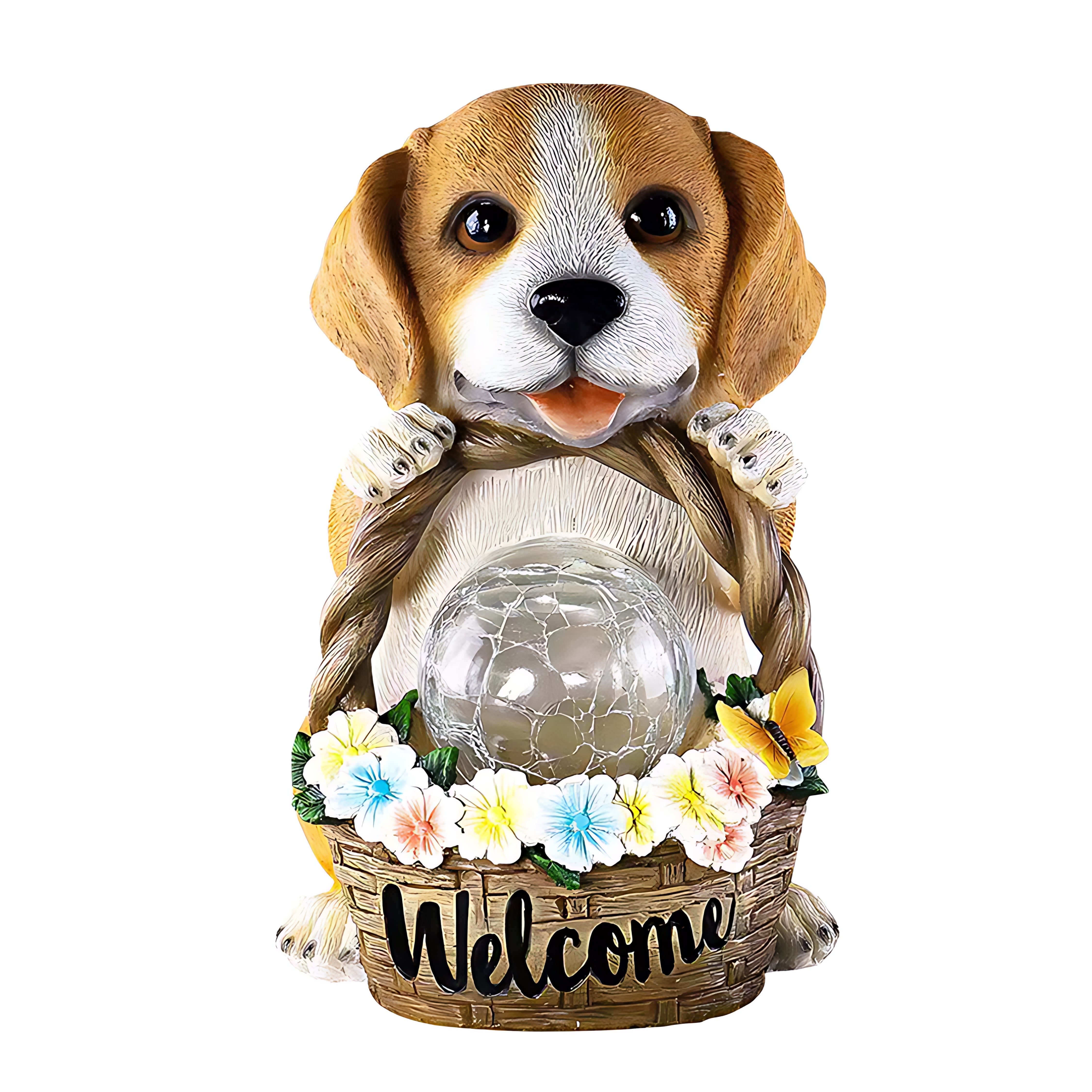 Puppy with Flower Basket Solar Garden Light — Resin, Warm White LED, IP44, Dusk-to-Dawn